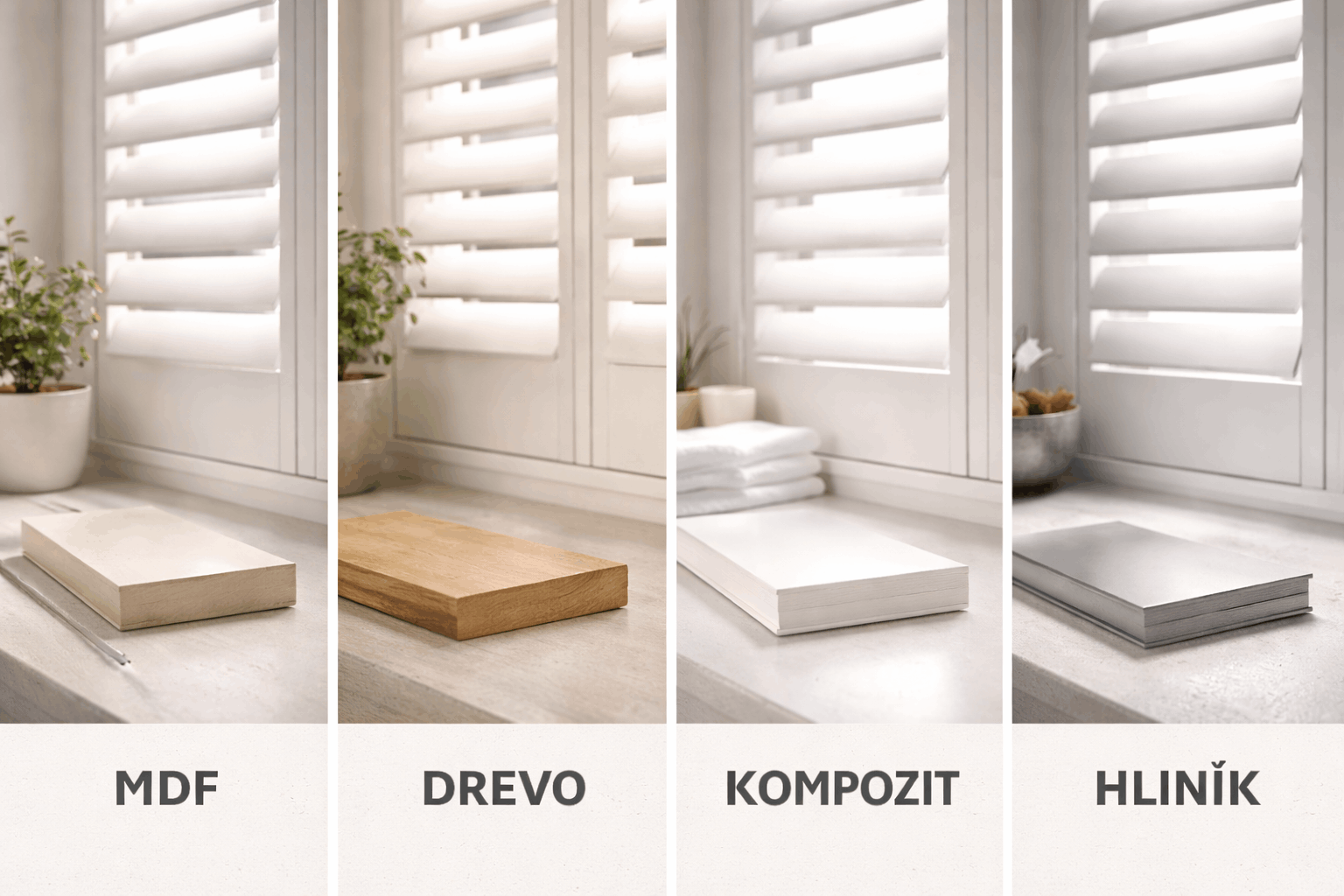 vnutorne okenice na mieru, spravny vyber materialu, MDF kompozit hlinik drevo vodeodolnost prirodny vzhlad moderny dizajn Bratislava Slovensko